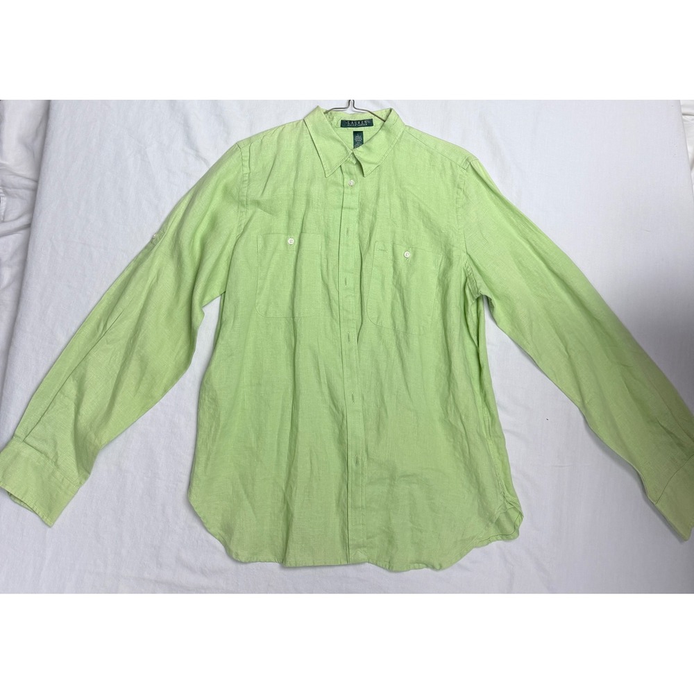Lauren Ralph Lauren Women Large Lime Green 100% Linen Roll Tab Button Down Shirt